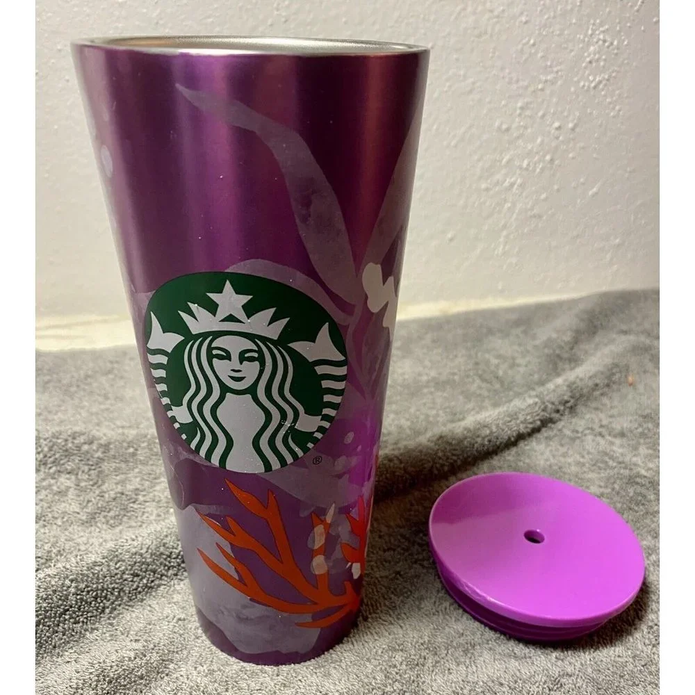 Starbucks Pink Purple Coral Reef metal 24 oz cold cup Tumbler 2021 NO STRAW ASIS